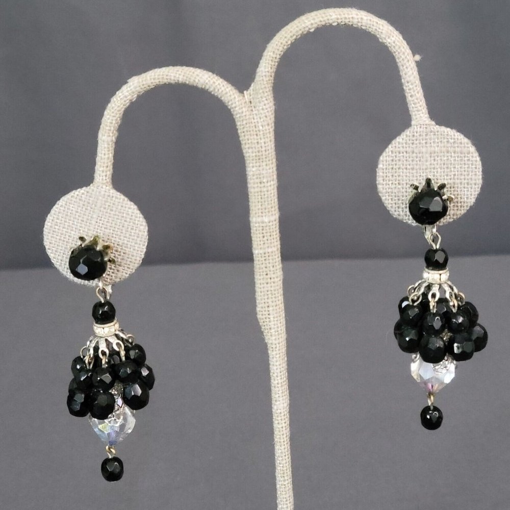 Vendome Aurora Borealis Crystal Silver Tone Clip Dangle Black Bead Earrings 2in